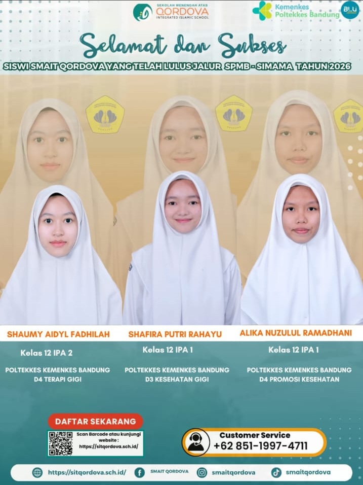 SMAIT Qordova Kembali Torehkan Prestasi, Tiga Siswi Lolos Jalur SPMB-SIMAMA Poltekkes Kemenkes Bandung 2026