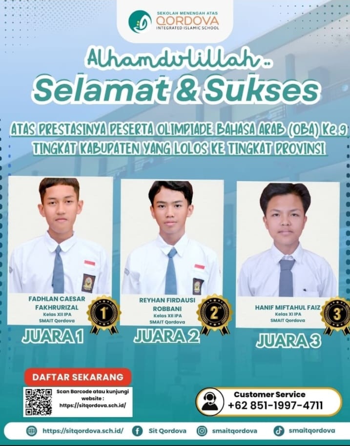 Tiga Siswa SMAIT Qordova Lolos ke Tingkat Provinsi pada Olimpiade Bahasa Arab (OBA) ke-9 Tingkat Kabupaten