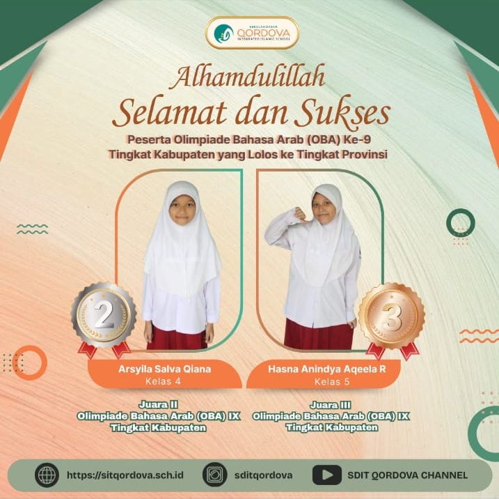 Dua Siswi SDIT Qordova Lolos ke Tingkat Provinsi pada Olimpiade Bahasa Arab (OBA) ke-9