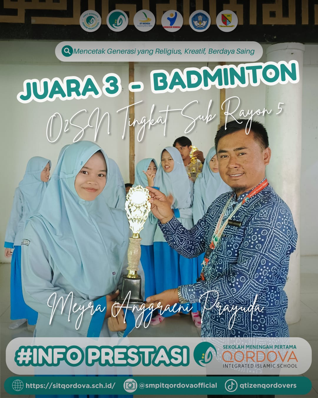 Siswi SMPIT Qordova Raih Juara 3 O2SN Cabang Badminton Tingkat Sub Rayon 5