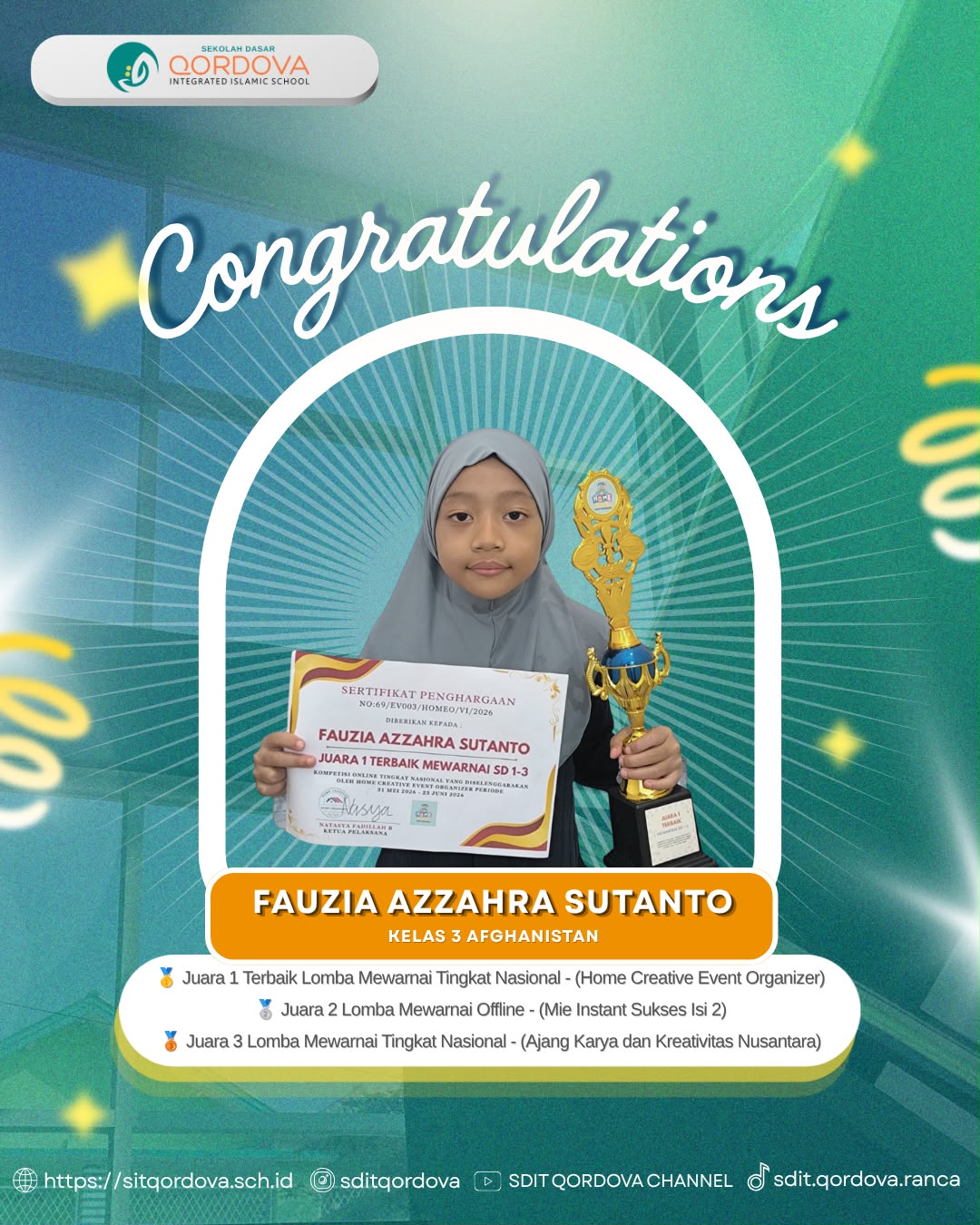 SDIT Qordova Kembali Torehkan Prestasi, Fauzia Azzahra Sutanto Raih Juara di Ajang Lomba Mewarnai Nasional